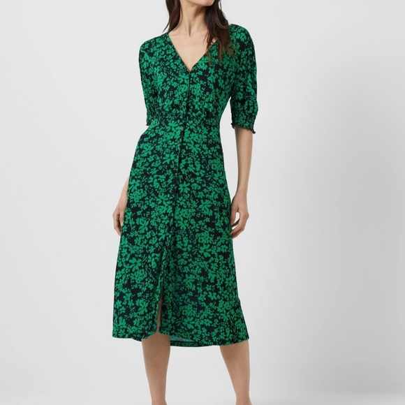 French Connection Dresses & Skirts - French Connection Green Black Floral Ditsy Short Sleeve Tea Midi dress Size 10